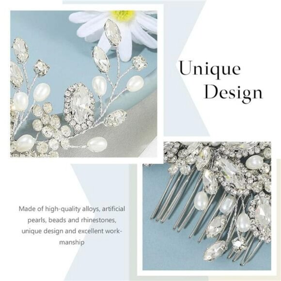 Bride Wedding Hair Comb Pearl Flower Hair Piece Rhinestone Silver Headpiece - Picture 3 of 7